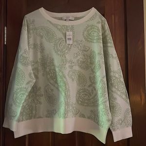 NWT Sweater Crew Neck. Paisley Print Light Green and Crème Colored